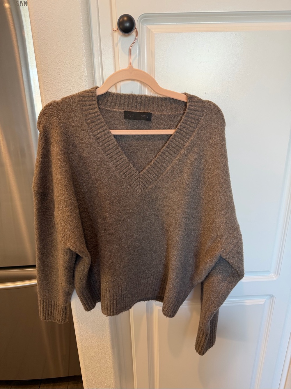 Zara V-Neck Relaxed Knit Sweater in Brown